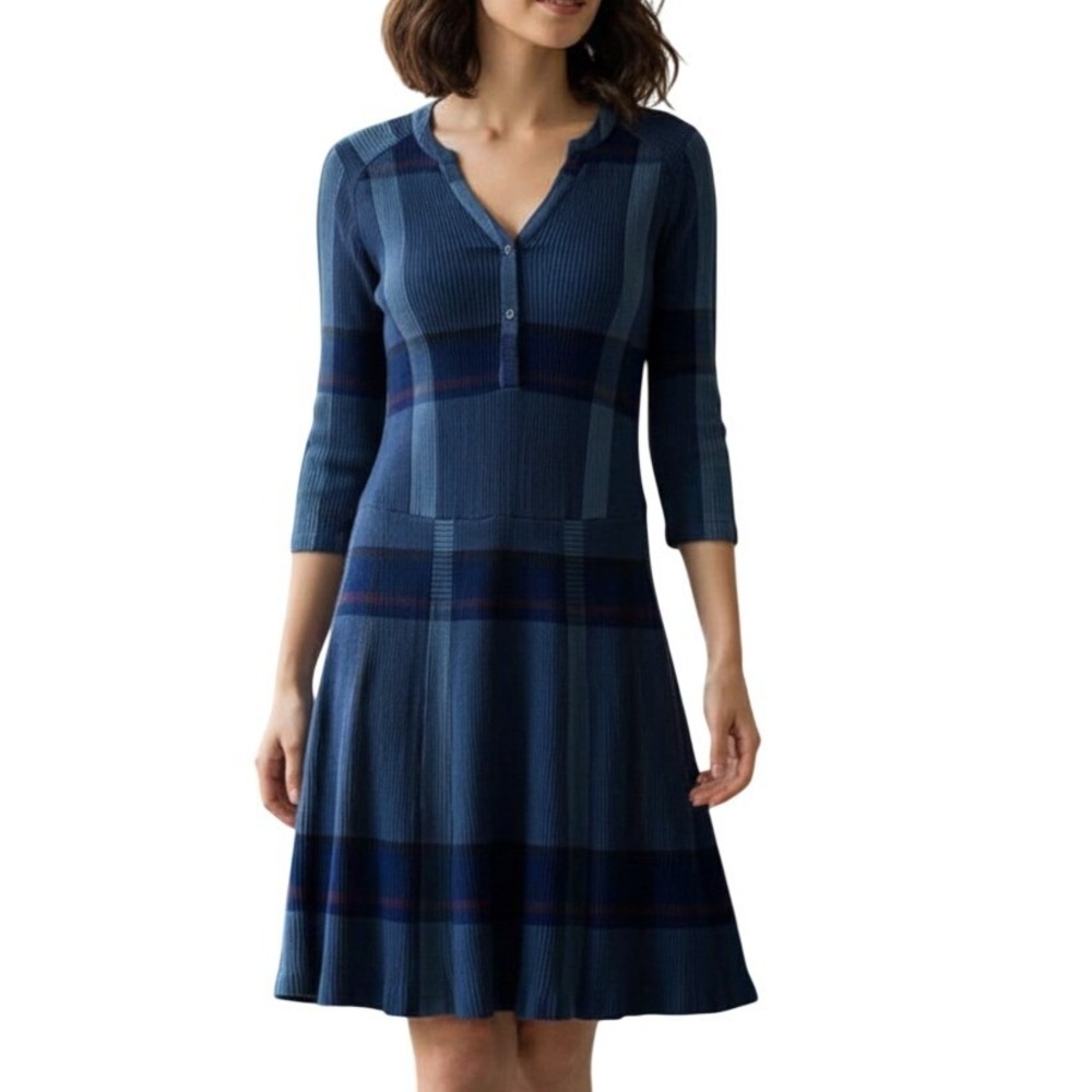 Prana Womens Sugar‎ Pine Drop Waist Plaid Dress Size Small Organic Cotton Blue